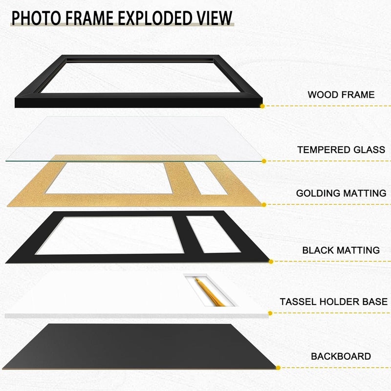 Picrit 11x17 Wood Diploma Frame with Tassel Holder for 8.5x11 Certificate/Degree Document with Tempered Glass, Black over Gold Mat - Image 2